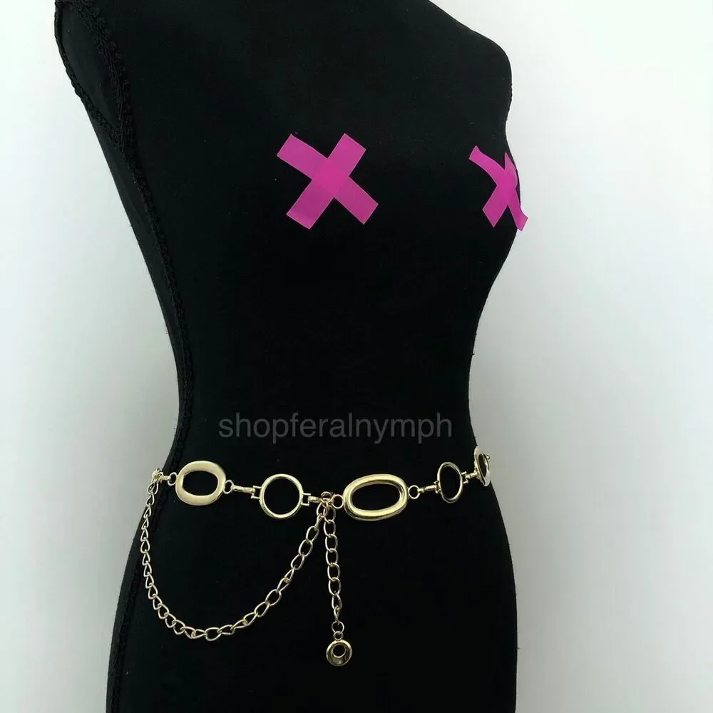 Vintage Y2K Gold-Tone Geometric Link Chain Belt, Fits 28.5–42.5 Inches, X7GA1220